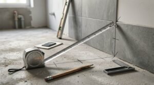 Close-up of a tape measure extended from a concrete subfloor to a grey porcelain wall tile joint with pencil grid markings, a carpenter's pencil, and a try square during bathroom tiling layout preparation.
