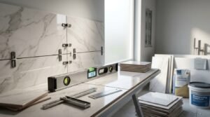 Precision tiling workspace featuring an aluminum digital spirit level displaying 0.00 degrees, an adjustable angle ruler, and a mini notched trowel on a workbench in front of newly mounted Calacatta marble wall tiles secured with black leveling clips.