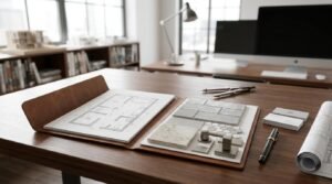 Open leather portfolio on a wooden office desk containing bathroom architectural floor plans alongside a material swatch board of grey subway tiles, marble slabs, mosaic tiles, and brushed nickel hardware, with drafting tools and business cards nearby.