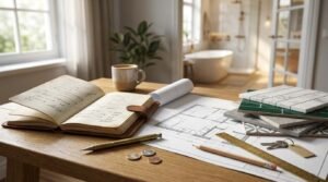Architectural planning workspace for a bathroom renovation featuring open budget notes in a leather journal, floor plan blueprints, tile swatches, house keys, and coins on a wooden desk overlooking a sunlit modern bathroom.