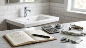 Bathroom renovation planning setup on a marble countertop featuring an open sketchbook with floor plan drawings and cost estimates, a digital calculator, chrome tape measure, brushed nickel tap, marble hexagon tile samples, and paint swatches in front of a white ceramic vanity sink.
