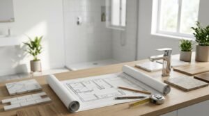 Wall-hung oak veneer bathroom vanity unit with a white solid surface top, rectangular countertop basin, polished chrome gooseneck faucet, and twin cylindrical wall light sconces.