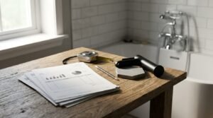 Bathroom renovation budget spreadsheet with charts and line-item estimates on a rustic timber table alongside a pencil, tape measure, hexagonal stone tile sample, matte black tap, and freestanding bathtub.