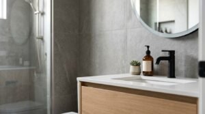 Modern light oak bathroom vanity with a white quartz countertop, undermount sink, matte black single-handle faucet, round frameless mirror, and a walk-in shower with grey stone wall tiles in the background.