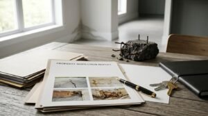 Property inspection report detailing foundation cracks and water damage lying on a wooden table beside a fountain pen, house keys, leather folder, and a cracked concrete sample with rusty rebar in front of a water-stained wall.
