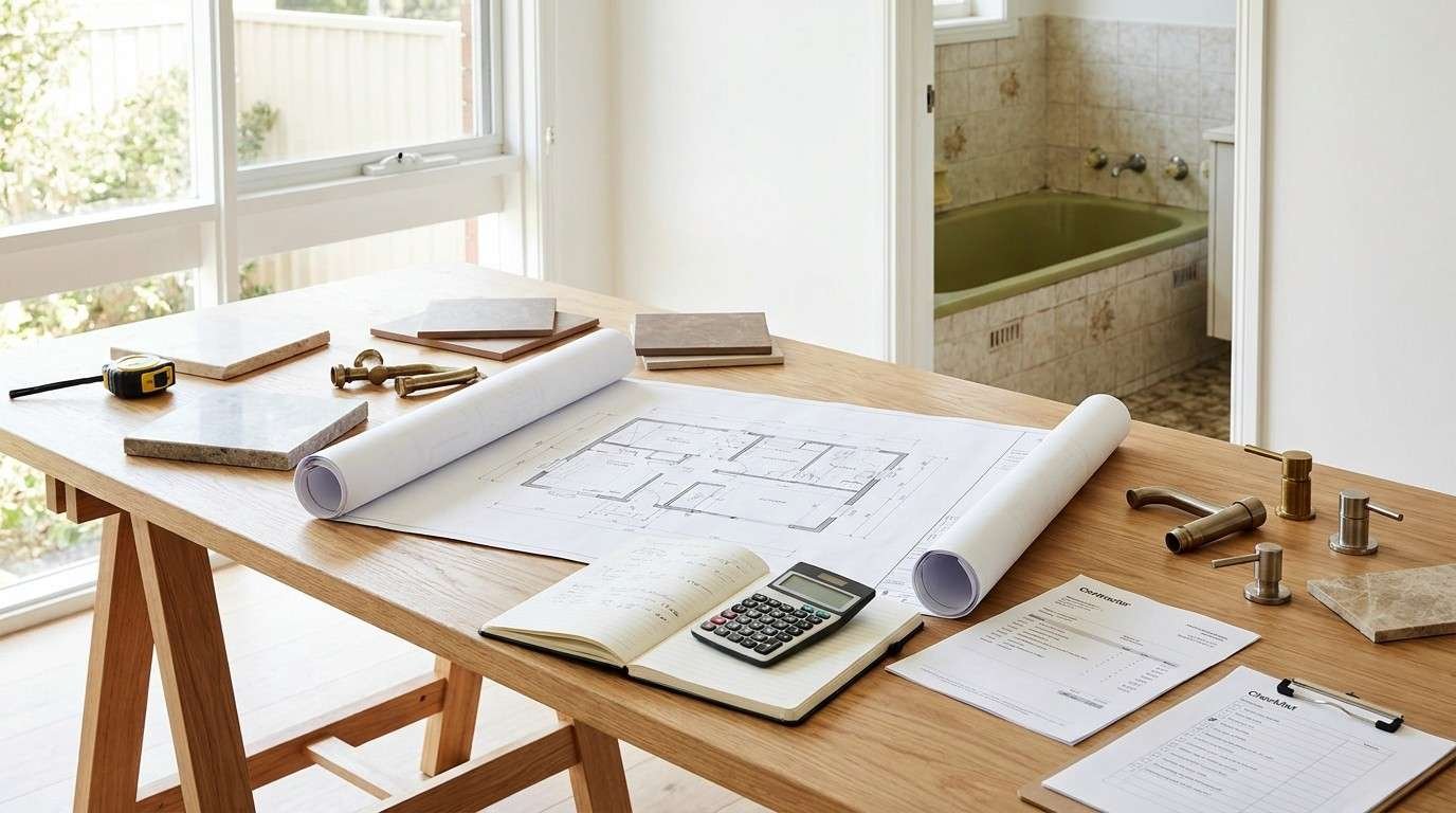 Bathroom renovation planning workspace with floor plans, renovation budget calculator, notebook, cost estimate documents, tile and tapware samples, and an older bathroom in the background, illustrating how to set a realistic bathroom renovation budget before starting a remodel.