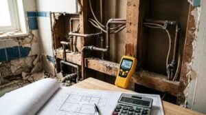 Bathroom renovation cost assessment with exposed plumbing, moisture meter, construction plans, and budgeting calculator during a home remodeling project