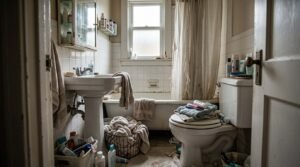 Old, cluttered bathroom in disrepair featuring an overflowing wire laundry basket of towels, stained bathtub with a tattered shower curtain, a porcelain pedestal sink piled with toiletries, and a toilet covered in folded towels.
