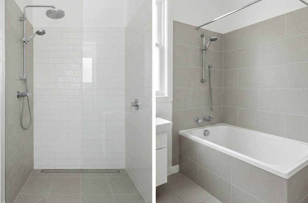 Comparison of a walk-in shower and a built-in bathtub showing typical bathroom installation options in Sydney
