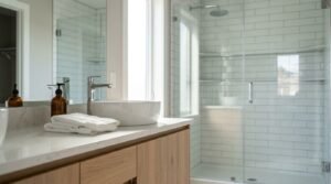 Modern bright bathroom featuring a light timber vanity with quartz countertop, round ceramic vessel sink, chrome mixer tap, folded towels, and a walk-in glass shower enclosure with white subway tiles.