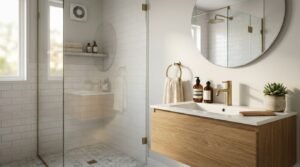 Modern bathroom vanity with a white vessel sink, brushed brass wall-mounted tapware, round backlit LED mirror, and timber cabinetry against sage green vertical subway tile walls.