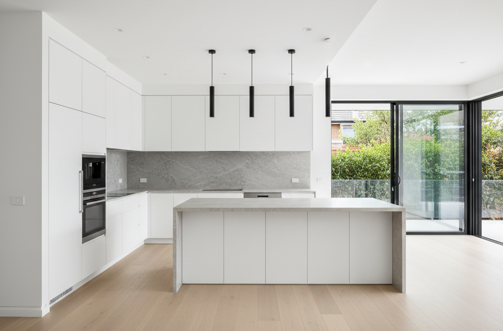 Modern mid-range kitchen renovation in Sydney with stone benchtop, white cabinetry and island bench.