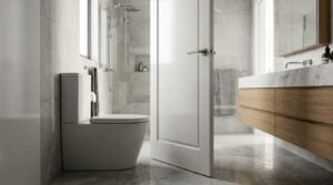 Modern bathroom interior view through an open white door, showing a white back-to-wall toilet pan on the left, a frameless glass walk-in shower in the background, and a floating natural timber vanity with a marble countertop on the right.