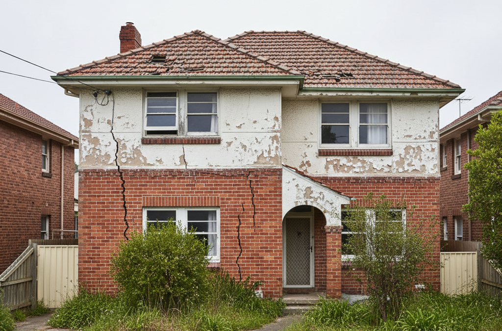 House with structural damage, poor maintenance, and visible defects that significantly reduce property value