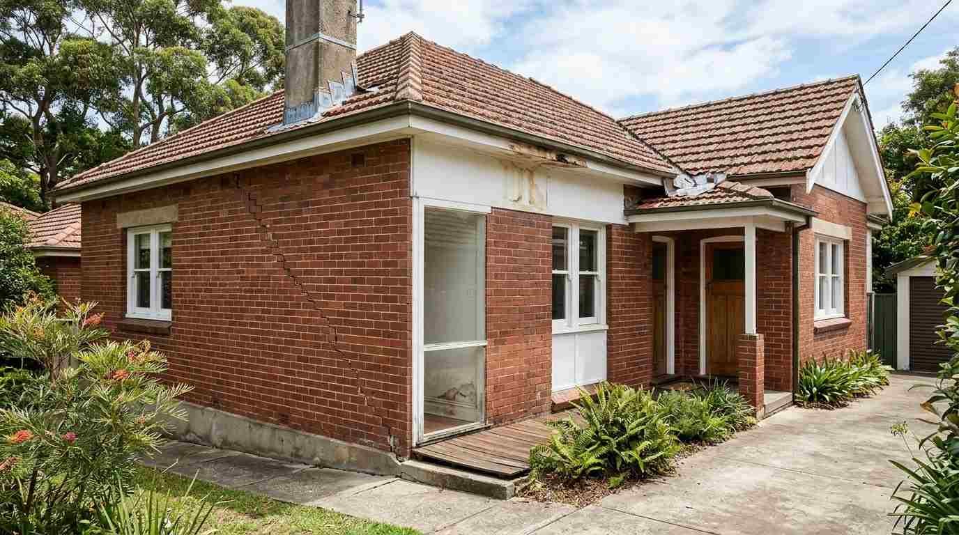 Sydney home showing foundation cracking, roof deterioration and moisture damage, illustrating major structural defects that can reduce appraisal value.