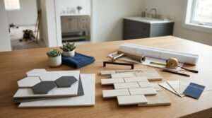 Bathroom design mood board on an oak table featuring hexagonal tiles, subway tiles, marble slabs, paint swatches, a brushed brass faucet, blueprints, and small potted succulents, overlooking a newly renovated bathroom.