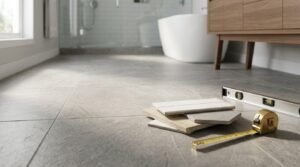 Low-angle view of newly installed large-format grey stone floor tiles with clean grout lines, featuring a small stack of tile samples, a spirit level, and an extended gold tape measure in a modern bathroom with a freestanding tub and timber vanity.