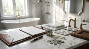 Luxury bathroom renovation design board on a marble island featuring open architectural floor plan drawings in a leather binder, measuring tape, antique brass tapware, marble mosaic tile samples, walnut cabinet profile, and a freestanding soaking tub in the background.