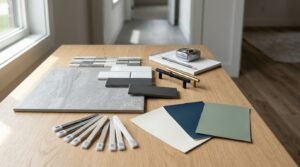 Bathroom interior design material palette on a wooden tabletop, including large grey stone tiles, subway tiles, mosaic strips, grout color swatch sticks, paint chips in cream, navy, and sage, alongside black and brass cabinet handles, a notebook, and measuring tape.