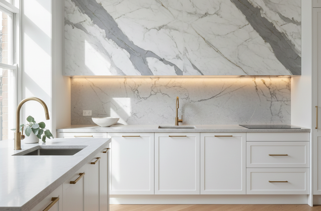 Modern Sydney kitchen with full-height marble look splashback, white cabinetry and stone benchtop.