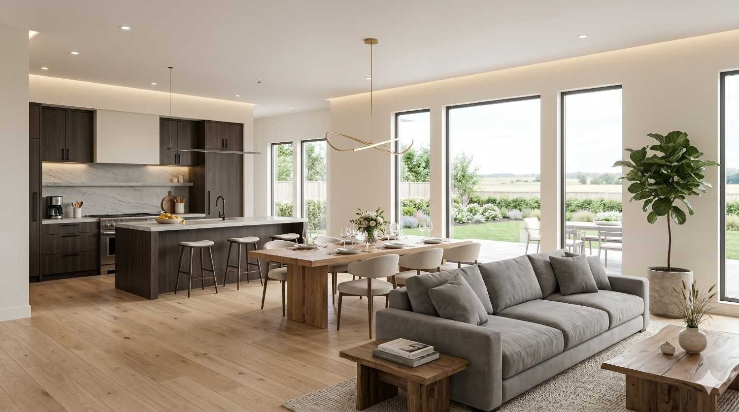 Bright modern open-plan living space with kitchen and lounge