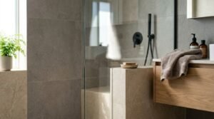 Modern walk-in shower with large-format beige porcelain tiles, a frameless glass screen, matte black mixer and shower head, natural bar soap on a half-wall, and an oak vanity topped with a towel and amber bottles.