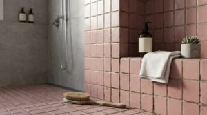 Retro walk-in shower area tiled in square dusty pink ceramic tiles with dark, aged grout lines, featuring a built-in tiled shower niche holding amber soap bottles, a white cloth, a small potted succulent, and a wooden body brush on the floor.