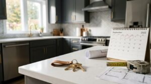 Modern kitchen island countertop with house keys on a leather keychain, a desk calendar with circled dates, rolled blueprints, and a measuring tape, with dark grey cabinetry and a herringbone tile backsplash in the background.