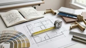 Architectural design desk displaying bathroom layout blueprints with an extended tape measure, hand-drawn sketchpad, paint swatch fan deck, brushed brass faucets, marble slab, and blue subway tile samples.