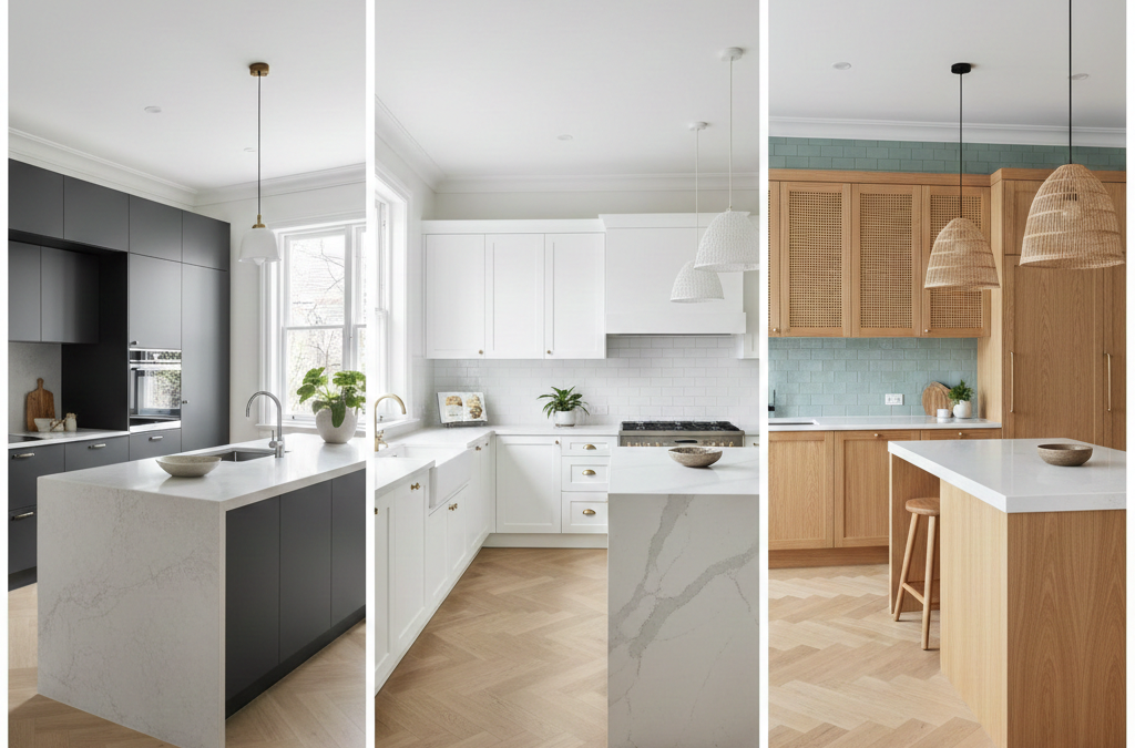 Compact galley kitchen renovation in Sydney with white cabinetry, stone benchtop and subway tile splashback.