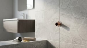 A copper plumbing supply pipe protruding through a precision-drilled round hole in light grey marble wall tiles, with a diamond core drill bit, yellow tile spacers, and a sanding block resting on the tiled ledge below.