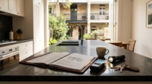 Home inspection report open on a black marble kitchen island alongside a digital moisture meter, tactical flashlight, coffee mug, and house keys, overlooking an open courtyard.