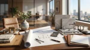Architectural design desk in a modern studio featuring unrolled bathroom blueprints, a calculator, compass divider, fountain pen, chrome and brushed brass tapware displays, marble and quartz slabs, and timber veneer samples overlooking a sunlit city view.