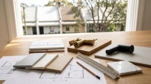 Architectural design mood board on a wooden desk by a window, featuring bathroom blueprints, neutral tile samples, a scale ruler, pencil, brass mixer spout, matte black tapware, and wood finish swatches.