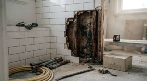 Bathroom wall demolition exposing black mold, water damage, and rotted timber framing behind white subway tiles, with rusty cast iron pipes, a red line laser level, pry bar, and work gloves on site.