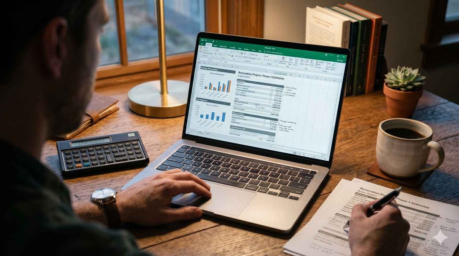 Homeowner calculating renovation costs with laptop and documents