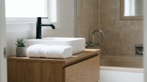 Modern timber bathroom vanity featuring a matte black basin mixer tap, white ceramic semi-recessed sink, folded white hand towel, and small potted succulent next to a bathroom window.