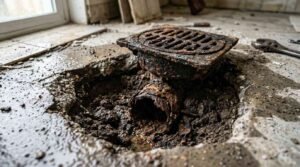 Rusted bathroom floor drain exposing severe pipe corrosion and water damage during renovation