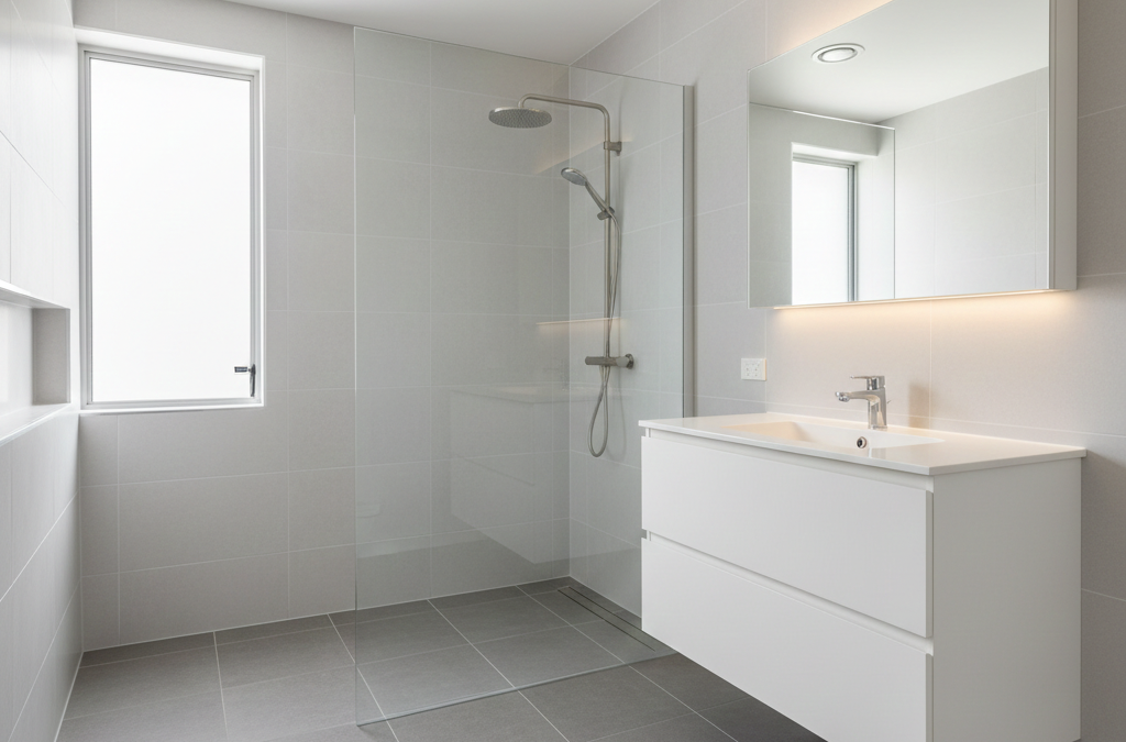 Bathroom with darker floor tiles and lighter walls showing balanced colour contrast for renovation design