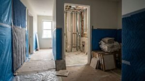 Residential hallway and bathroom under full renovation with protective blue wall padding and floor coverings, showing a stripped-out bathroom with steel stud framing, copper rough-in plumbing, and boxed porcelain tiles.