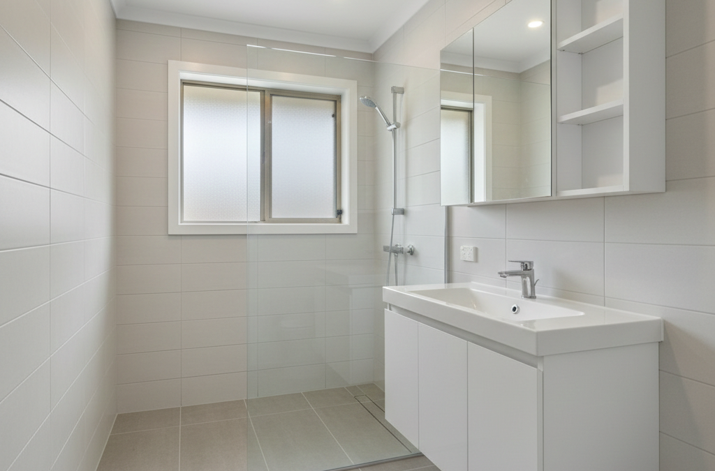 Small bathroom renovation in Australia with walk-in shower, modern tiles, and space-saving vanity