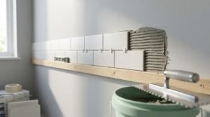 First rows of white subway tiles being set into combed grey tile adhesive along a wooden ledger batten, using cross tile spacers, with a notched trowel, mortar bucket, and mini spirit level in view.