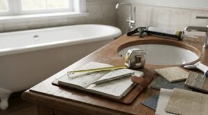 Bathroom renovation planning scene on a rustic wooden vanity countertop featuring an open design notebook with sketches, extended retractable tape measure, pen, tile swatches, fabric samples, and a silicone caulking gun in front of a freestanding bathtub.
