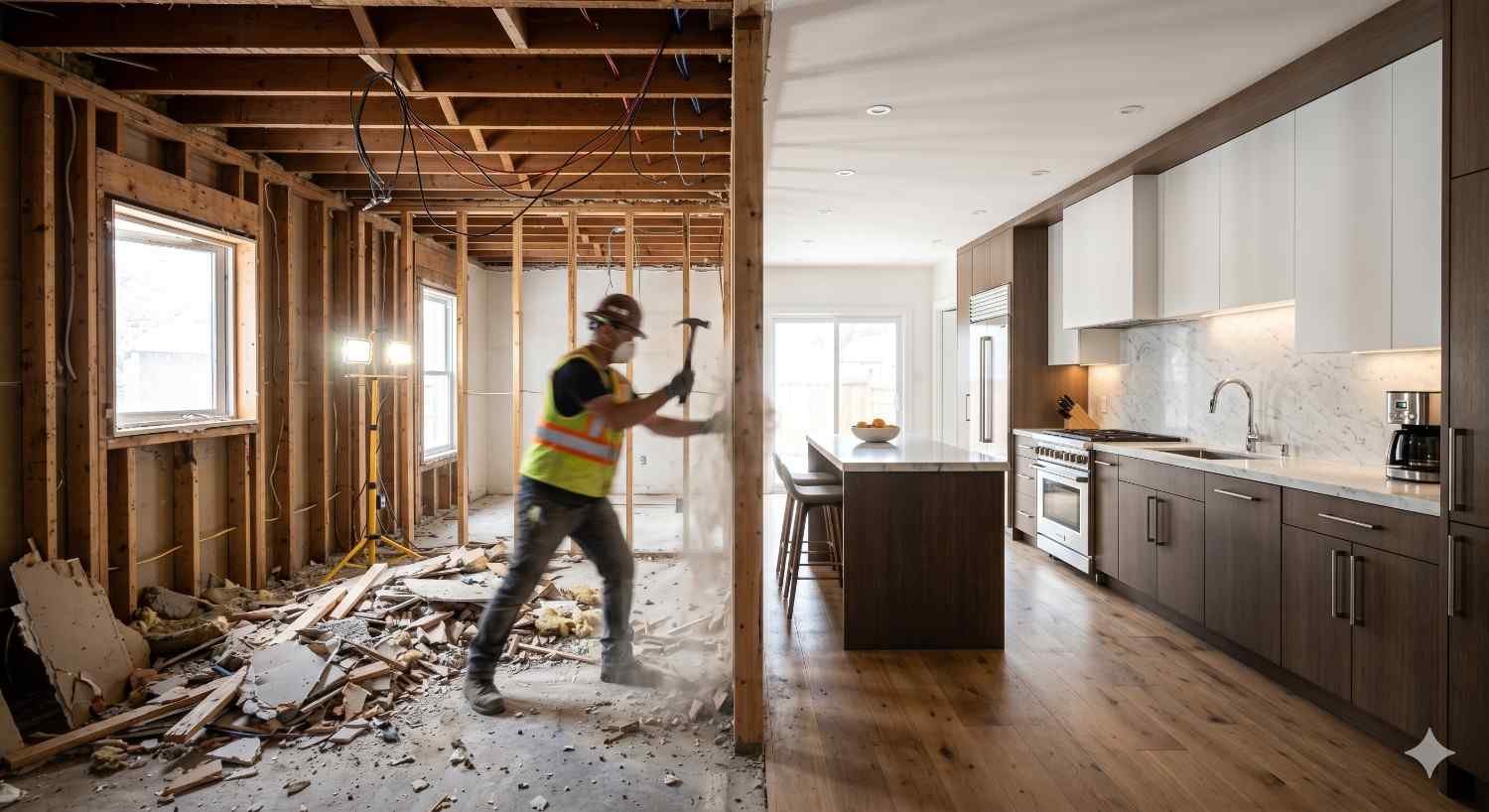 Interior under demolition beside fully finished modern kitchen renovation