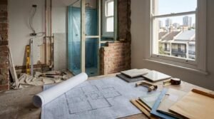 Bathroom renovation workspace with architectural blueprints, tile samples, and brushed brass tapware on a work table, overlooking exposed brick framing, rough-in plumbing, and a window view of Sydney terrace houses.