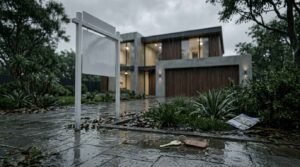 Real estate for-sale sign and lost house keys on a wet stone driveway in the rain in front of a modern two-story concrete and timber home with warm interior lighting.