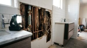Open wall cavity in a bathroom undergoing renovation illuminated by a portable LED work light, exposing rotted timber studs, corroded cast iron waste pipes, newer copper piping, and electrical wiring between tiled walls.