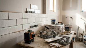 Wall tiling installation in progress showing glossy white ceramic subway tiles aligned with a green beam laser level, alongside a manual tile cutter, spirit levels, grout float, and boxes of ceramic wall tiles on a workbench.