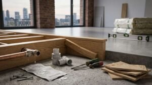 Water leaking from an exposed copper pipe fitting through timber step framing onto an instruction document and concrete floor, surrounded by screwdrivers, PVC fittings, nails, plywood offcuts, and an aluminum spirit level.