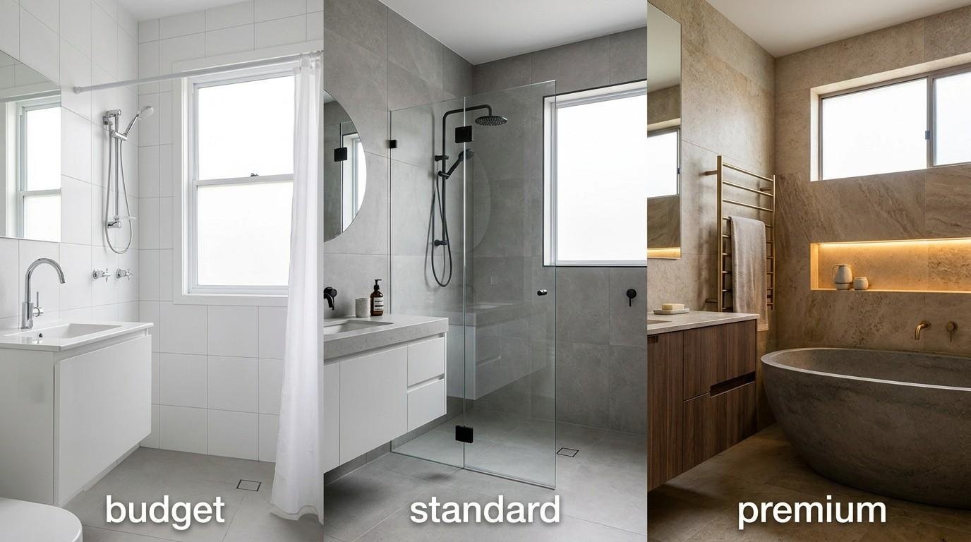 Comparison of three Australian bathroom renovation styles showing budget, standard, and premium designs. The image features a basic white bathroom with standard fixtures, a modern walk-in shower with grey tiles and frameless glass, and a luxury bathroom with natural stone finishes, timber vanity, freestanding bathtub, heated towel rail, and ambient lighting.